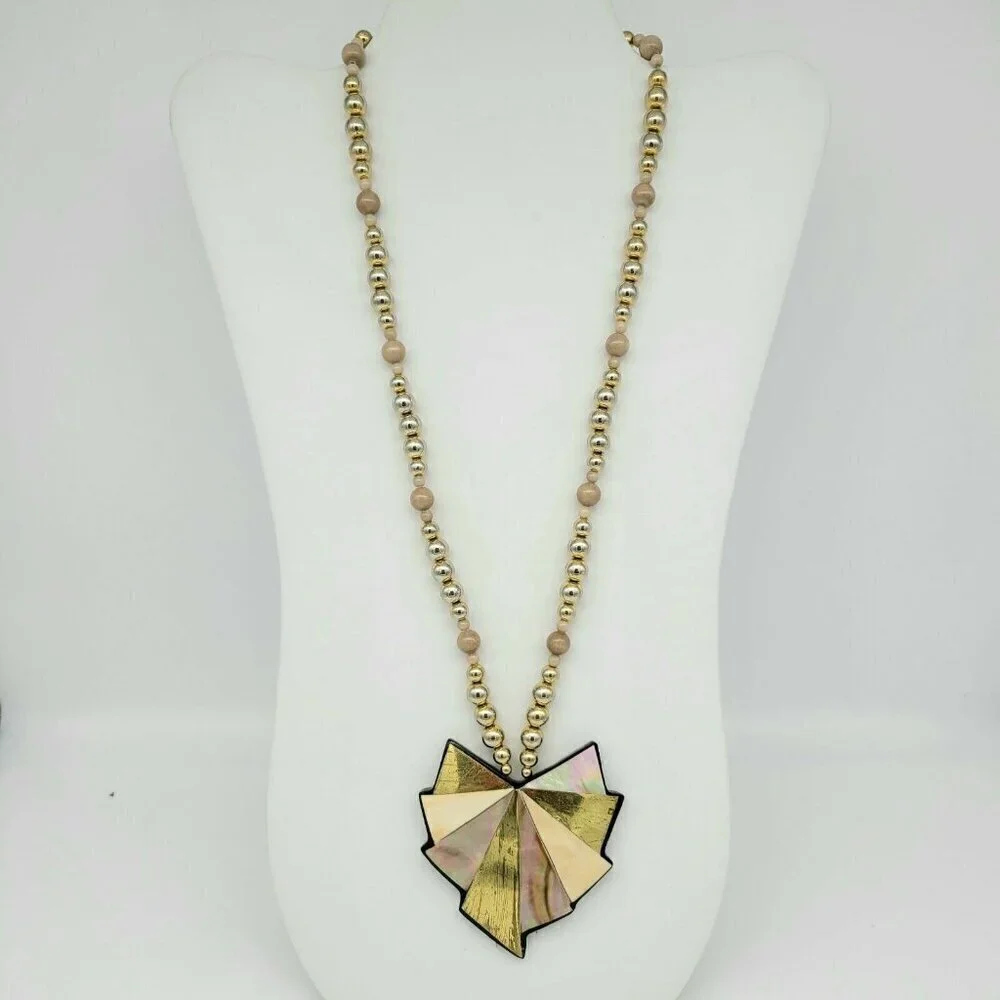 Vintage Carla Jordan Statement Necklace Thermoset 24"-27" Abalone Gold On Black - Picture 7 of 9